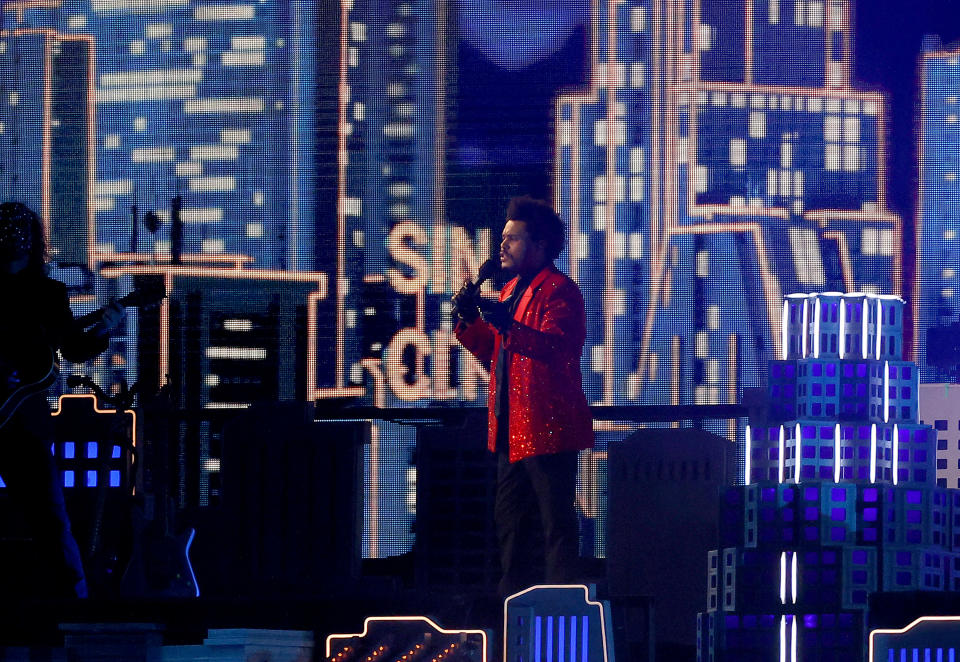 <p>TAMPA, FLORIDA - FEBRUARY 07: The Weeknd performs during the Pepsi Super Bowl LV Halftime Show at Raymond James Stadium on February 07, 2021 in Tampa, Florida. (Photo by Kevin C. Cox/Getty Images)</p> 