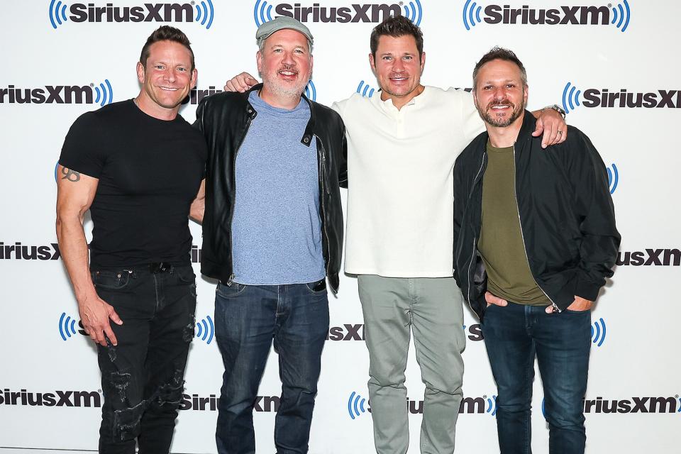 Jeff Timmons, Justin Jeffre, Nick Lachey, and Drew Lachey of 98 Degrees visit SiriusXM Studios on September 18, 2023 in New York City.