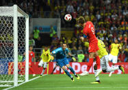 <p>Harry Kane of England heads the ball over the bar during the 2018 FIFA World Cup Russia Round of 16 match between Colombia and England at Spartak Stadium on July 3, 2018 in Moscow, Russia. (Photo by David Ramos – FIFA/FIFA via Getty Images) </p>