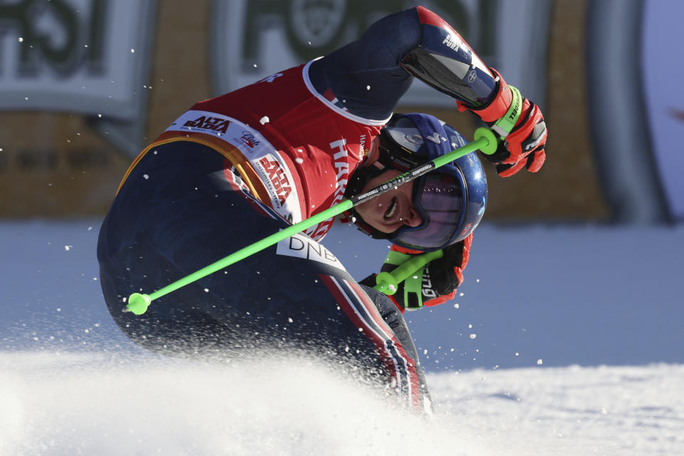 Norway's Lucas Braathen reacts after crossing the finish line to complete an alpine ski, men's World Cup giant slalom, in Alta Badia, Italy, Sunday, Dec. 18, 2022. (AP Photo/Alessandro Trovati)