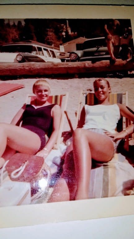 "This photo was taken in 1960 in Green Valley Lake, California, where my grandfather had a cabin. I love this photo because my mom Gerri (the one on the right) and her friend are still friends today. In fact, the friend in this photo is my Godmother." -- <i>Thomala</i>