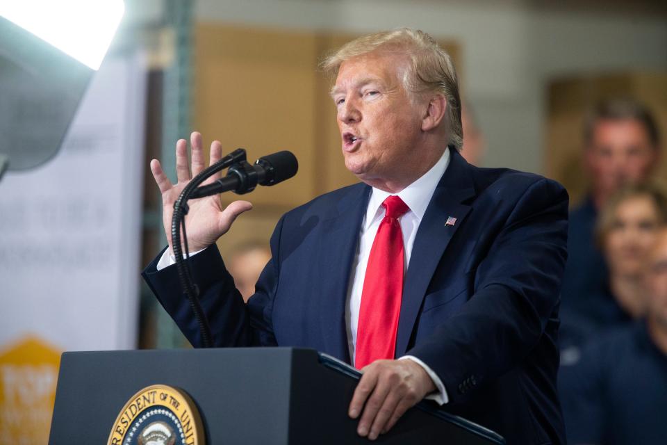 President Donald Trump delivers a speech Friday, July 12, 2019, at Derco Aerospace in Milwaukee.