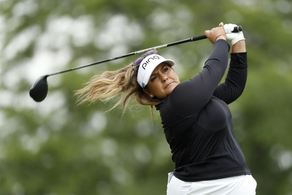 Lizette Salas hits off the third tee during the third round of the KPMG Women's PGA Championship golf tournament, Saturday, June 22, 2019, in Chaska, Minn. (AP Photo/Charlie Neibergall)