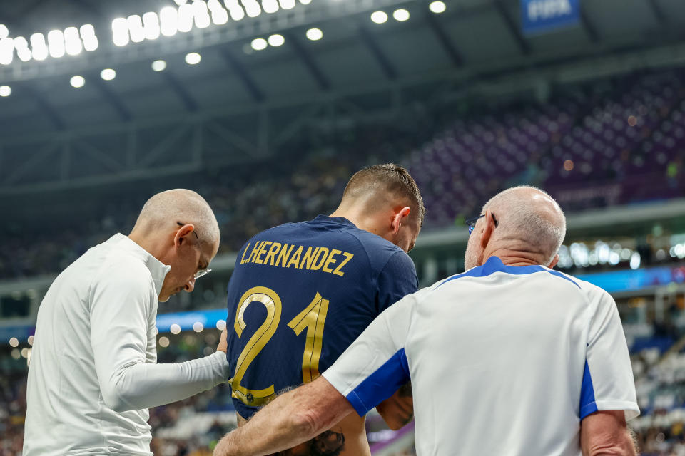 AL WAKRAH, QATAR - NOVEMBER 22: Lucas Hernandez of France is injury during the FIFA World Cup Qatar 2022 Group D match between France and Australia at Al Janoub Stadium on November 22, 2022 in Al Wakrah, Qatar. (Photo by Berengui/DeFodi Images via Getty Images)