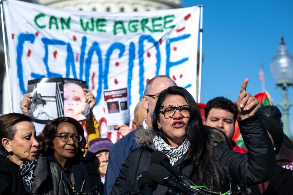 US Representative Rashida Tlaib, Democrat from Michigan, speaks during a press conference with union leaders and supporters of a ceasefire in Gaza outside the US Capitol in Washington, DC, December 14, 2023.