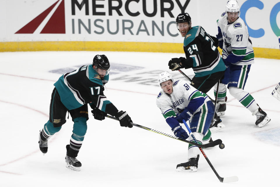 Anaheim Ducks' Ryan Kesler, left, shoots as Vancouver Canucks' Troy Stecher defends during the third period of an NHL hockey game Wednesday, Feb. 13, 2019, in Anaheim, Calif. The Ducks won 1-0. (AP Photo/Jae C. Hong)