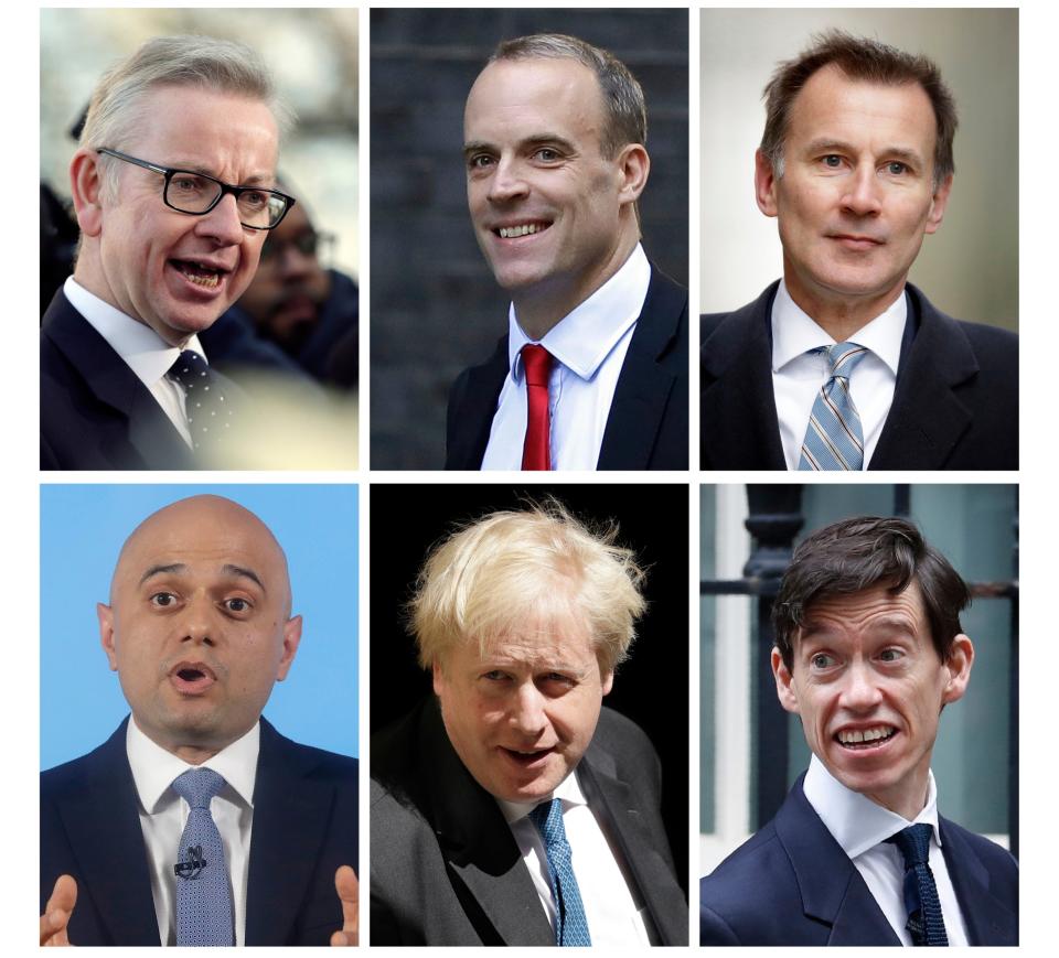 Top from left: Michael Gove, Dominic Raab and Jeremy Hunt. Bottom from left: Sajid Javid, Boris Johnson and Rory Stewart (AP)