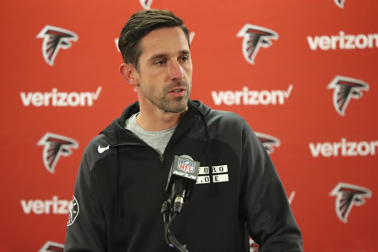 Atlanta Falcons offensive coordinator Kyle Shanahan is the last 49ers' head coaching candidate still in the running. (AP)