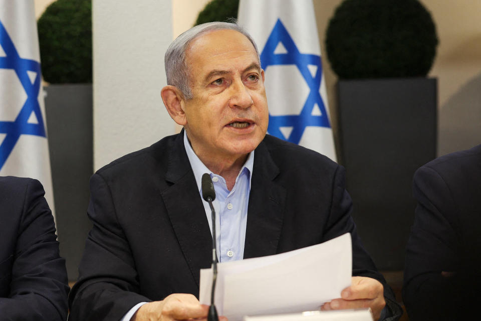 Netanyahu speaks during the weekly cabinet meeting. (Ronen Zvulub / AFP - Getty Images pool file)