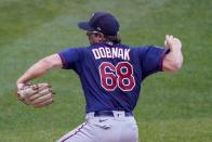 Minnesota Twins' Randy Dobnak throws during the seond inning of a baseball game against the Milwaukee Brewers Monday, Aug. 10, 2020, in Milwaukee. (AP Photo/Morry Gash)