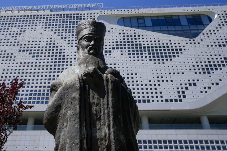 A statue of ancient Chinese philosopher Confucius stands in front of the Chinese Cultural Center in Belgrade, Serbia, Monday, April 29, 2024. Chinese President Xi Jinping will visit France, Serbia and Hungary next week as Beijing appears to seek a larger role in the conflict between Russia and Ukraine that has upended global political and economic security. (AP Photo/Darko Vojinovic)