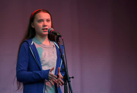 FILE PHOTO: Swedish environmental activist Greta Thunberg speaks during the Extinction Rebellion protest at Marble Arch in London, Britain April 21, 2019. REUTERS/Hannah McKay