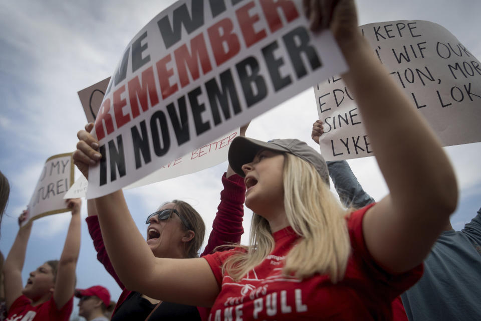 Teachers from across Kentucky gather inside the state Capitol to rally against changes to their state-funded pension system, Friday, April 13, 2018, in Frankfort, Ky.&nbsp; (Photo: ASSOCIATED PRESS)