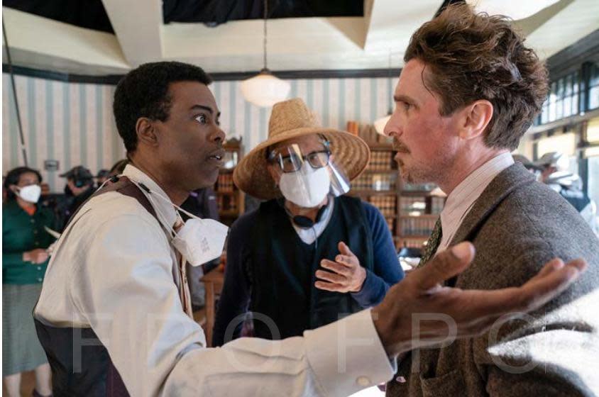 From left: Chris Rock, David O. Russell and Christian Bale on ‘Amsterdam’ set