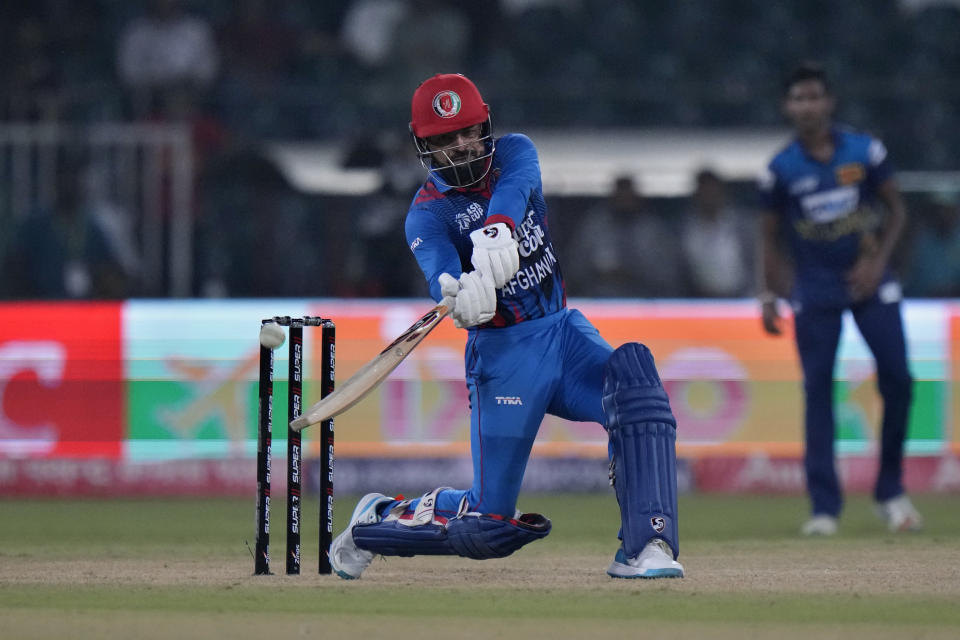 Afghanistan's Rashid Khan bats during the Asia Cup cricket match between Afghanistan and Sri Lanka in Lahore, Pakistan, Tuesday, Sept. 5, 2023. (AP Photo/K.M. Chaudary)