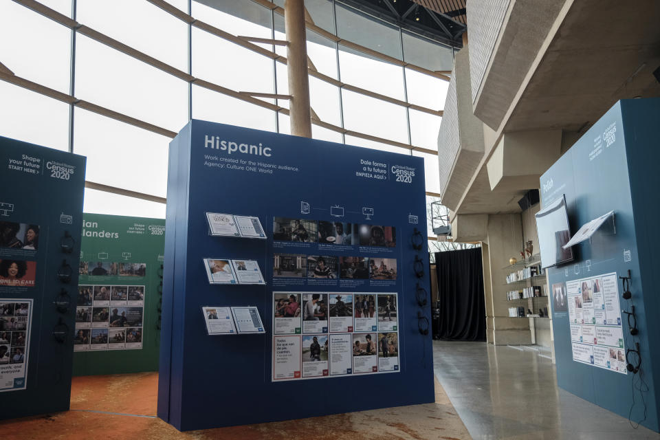 Advertising that the U.S. Census Bureau will use in their outreach campaign for the 2020 Census is displayed at the Arena Stage, Tuesday, Jan. 14, 2020, in Washington. (AP Photo/Michael A. McCoy)