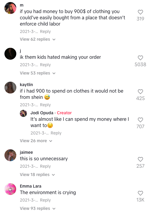 The comment section on Jodi Opuda’s Shein haul TikTok video. Image: TikTok / @jodi.opuda