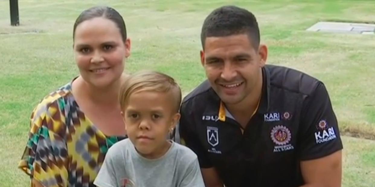 Quaden Bayles, center, his mother, Yarraka Bayles, and Cody Walker, a professional rugby league player