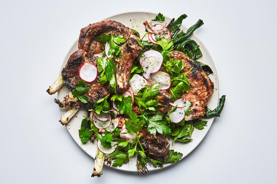 Pork Chops with Radishes and Charred Scallions