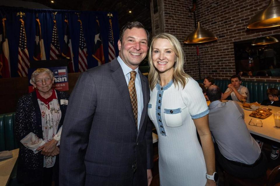 Rep. Craig Goldman is photographed by Fort Worth Mayor Mattie Parker as he arrives at his election watch party at Courtside Kitchen on Tuesday, March 5, 2024, in Fort Worth. Goldman is running in the GOP primary to replace U.S. Rep. Kay Granger.