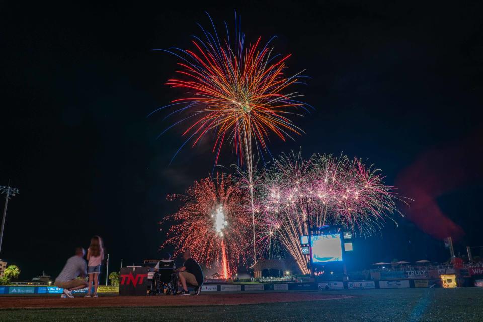 Blue Wahoos pitcher Andrew McInvale joins with Gunnar Chester at home plate Aug. 13 to watch the fireworks display following the Blue Wahoos 10-2 win that night against Birmingham.