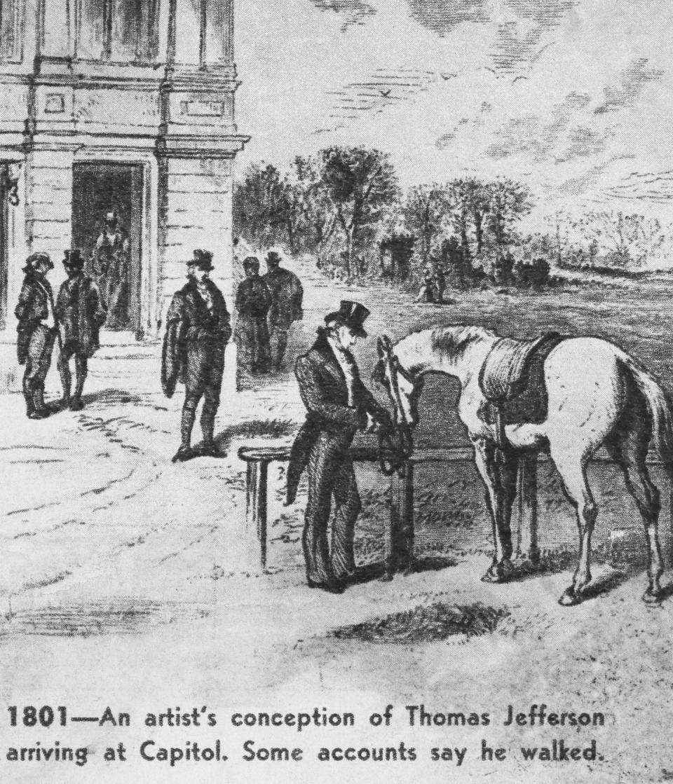 Thomas Jefferson tethers his horses to a post before attending his inauguration circa 1801.