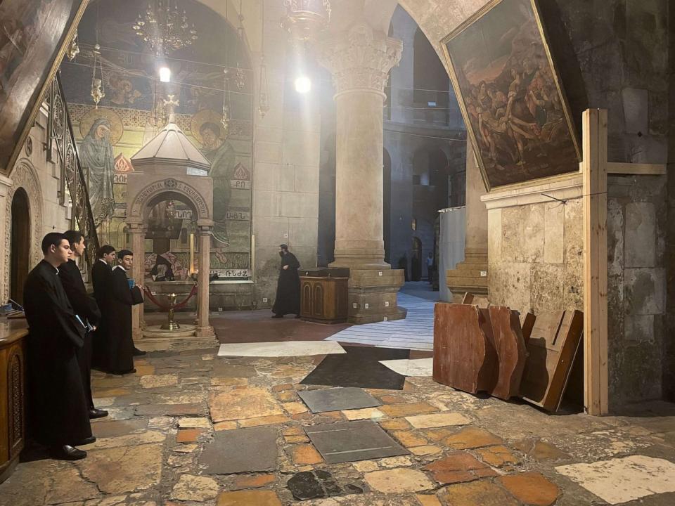 PHOTO: A view inside the Church of the Holy Sepulchre, a usually busy tourist destination that's become quiet amid the fighting between Israel and Hamas, in a photo taken on Sunday, Oct. 15, 2023. (Guy Davies/ABC News)