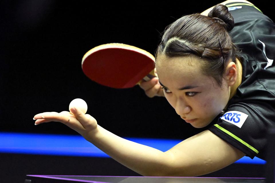 Japan's Mima Ito competes against China's Wang Manyu (not in picture) during a womens quarterfinal match at the World Table Tennis Champions European Summer Series 2022 in Budapest, Hungary on July 21, 2022. (Photo by Attila KISBENEDEK / AFP) (Photo by ATTILA KISBENEDEK/AFP via Getty Images)