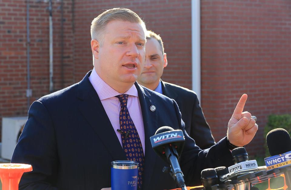 Tim Parlatore, defense atorney for Lt. Col. Stuart Scheller Jr. comments on Friday, Oct. 15, 2021, following the conclusion of Scheller's court-martial at Camp Lejeune NC.