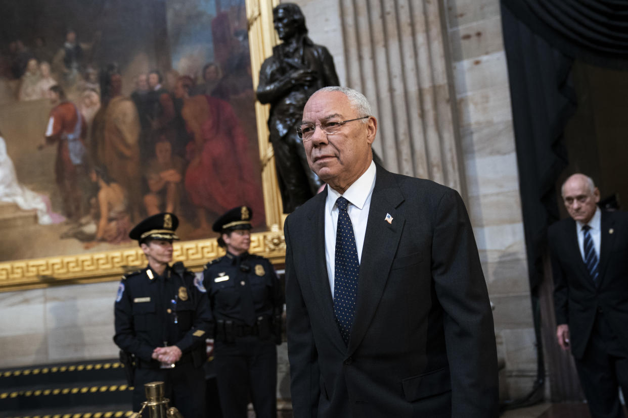 WASHINGTON, DC - DECEMBER 4:  Former Chairman of the Joint Chiefs of Staff and former Secretary of State Colin Powell arrives to pay his respects at the casket of the late former President George H.W. Bush as he lies in state at the U.S. Capitol, December 4, 2018 in Washington, DC. A WWII combat veteran, Bush served as a member of Congress from Texas, ambassador to the United Nations, director of the CIA, vice president and 41st president of the United States. Bush will lie in state in the U.S. Capitol Rotunda until Wednesday morning. (Photo by Drew Angerer/Getty Images)