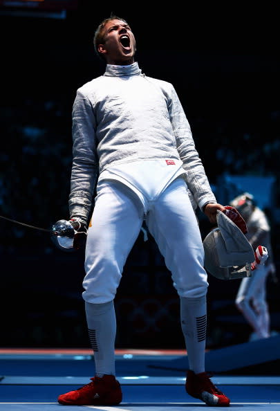 Nicolas Limbach of Germany celebrates in his Men's Sabre Individual Fencing round of 32 match against Adam Skrodzki of Poland on Day 2 of the London 2012 Olympic Games at ExCeL on July 29, 2012 in London, England. (Photo by Quinn Rooney/Getty Images)