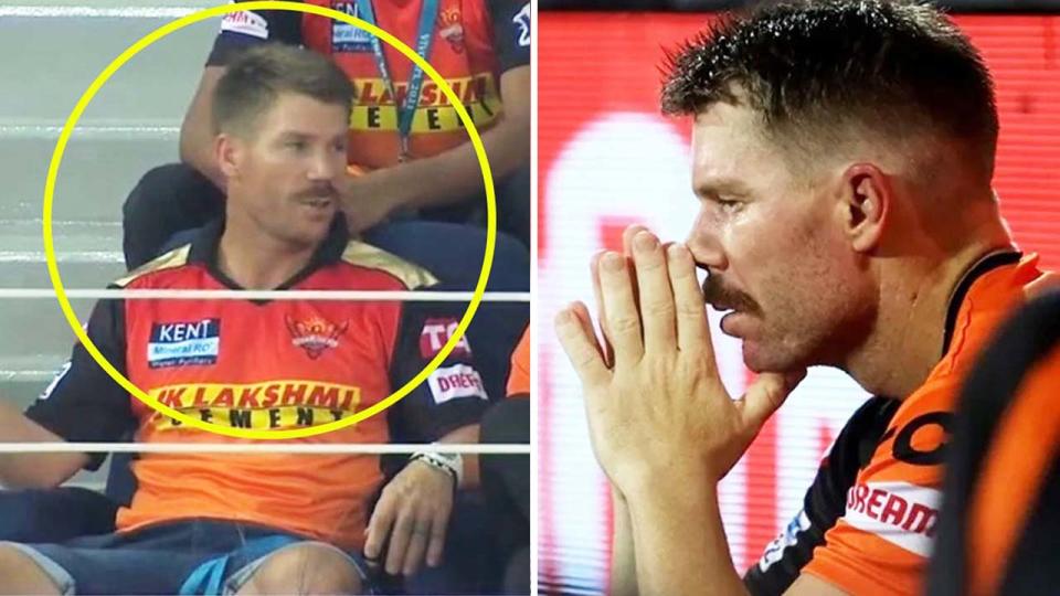 David Warner (pictured left) watching the IPL from the stands and (pictured right) frustrated after his dismissal.