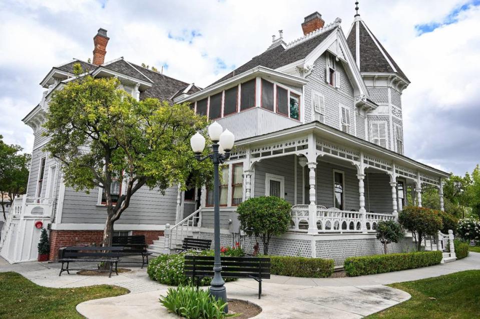 Dr. Thomas Meux was a confederate surgeon during the Civil War and moved to Fresno due to his wife’s health where he had their home built at Tulare and R streets in an asymmetrical style that reflects the eclectic French Renaissance and Victorian Gothic architectural tastes of the era.