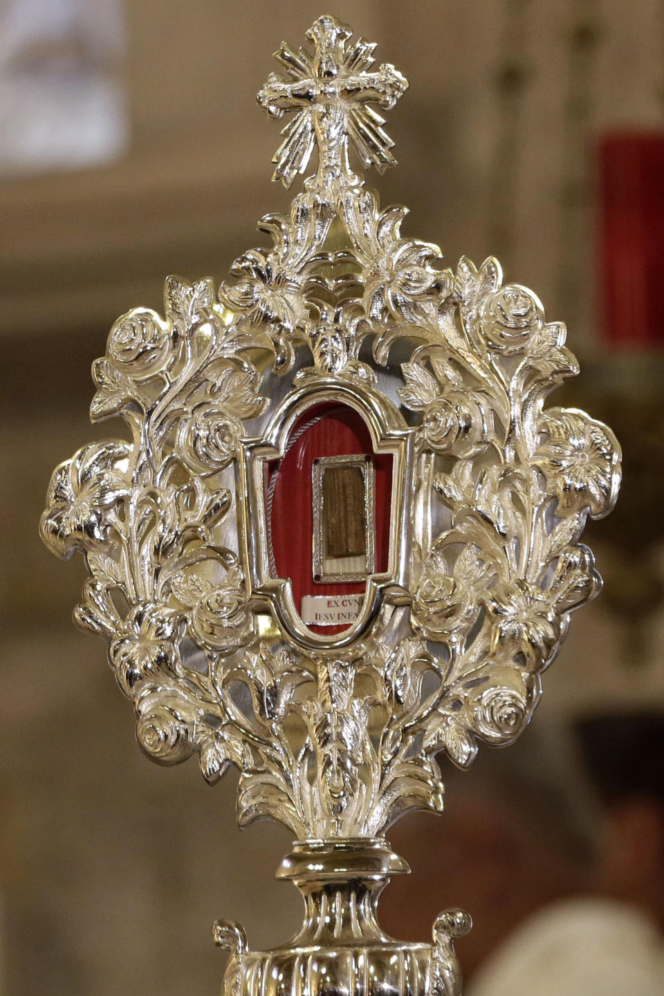 A wooden relic believed to be from Jesus' manger is seen at the Notre Dame church in Jerusalem, Friday, Nov. 29, 2019. Christians are celebrating the return to the Holy Land of a tiny wooden relic believed to be from Jesus' manger nearly 1,400 years after it was sent to Rome as a gift to the pope. (AP Photo/Mahmoud Illean)