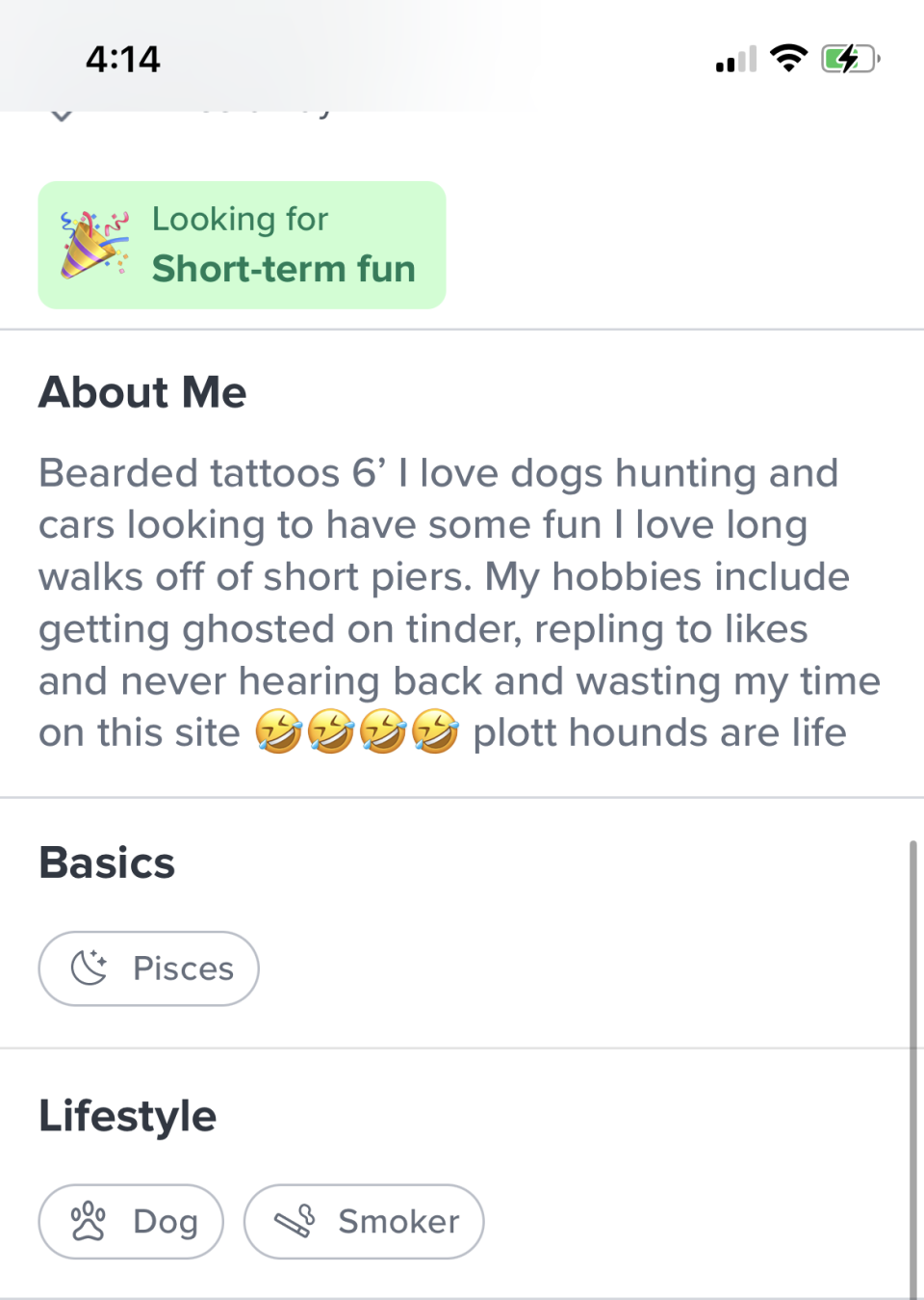 This about me section says "my hobbies include getting ghosted on Tinder, replying to likes and never hearing back, and wasting my time on this site"