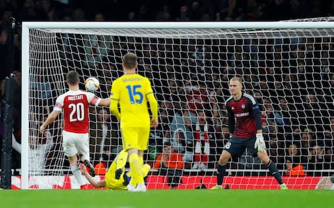 Soccer Football - Europa League - Round of 32 Second Leg - Arsenal v BATE Borisov - Emirates Stadium, London, Britain - February 21, 2019 Arsenal's Shkodran Mustafi scores their second goal  - Credit: REUTERS