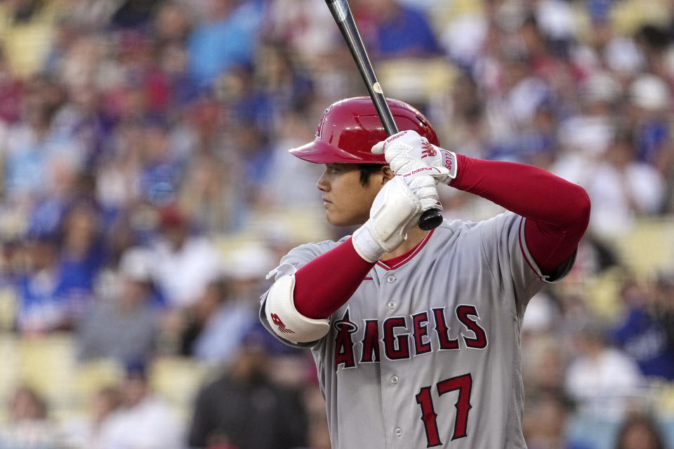 Los Angeles Angels' Shohei Ohtani bats during the first inning of a baseball game against the Los Angeles Dodgers Friday, July 7, 2023, in Los Angeles. (AP Photo/Mark J. Terrill)