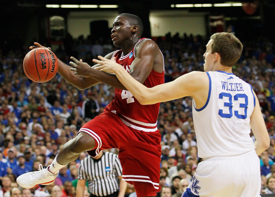 ATLANTA, GA - MARCH 23: Kyle Wiltjer #33 of the Kentucky Wildcats fouls Victor Oladipo #4 of the Indiana Hoosiers in the first half during the 2012 NCAA Men's Basketball South Regional Semifinal game at the Georgia Dome on March 23, 2012 in Atlanta, Georgia. (Photo by Kevin C. Cox/Getty Images)