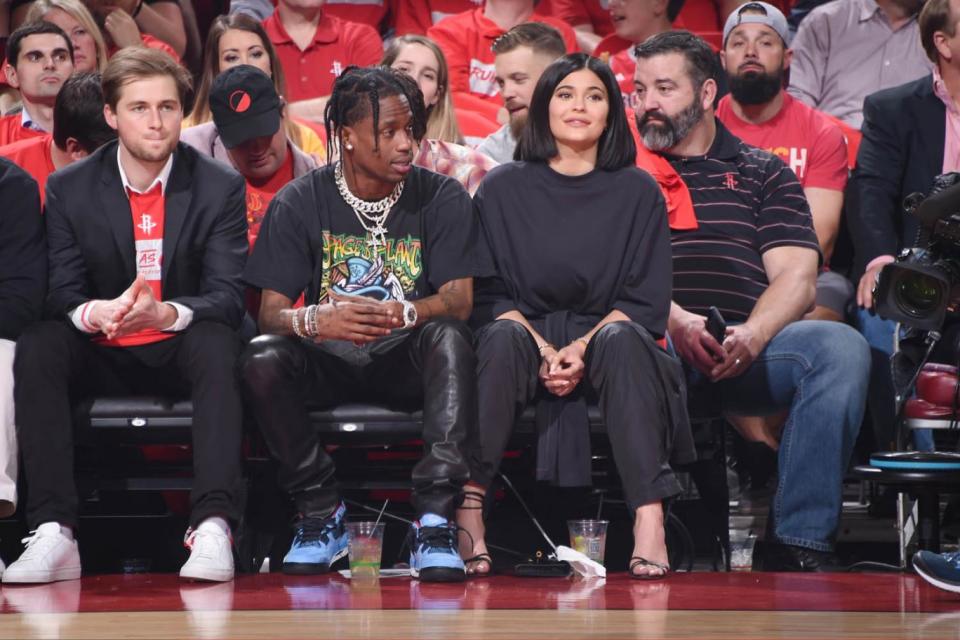 Date night: Kylie Jenner and Travis Scott enjoy some quality time together (Bill Baptist/NBAE via Getty)