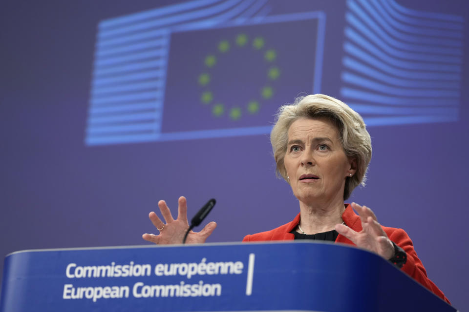 European Commission President Ursula von der Leyen speaks during a media conference on energy at EU headquarters in Brussels, Monday, December 12, 2022. (AP Photo/Virginia Mayo)