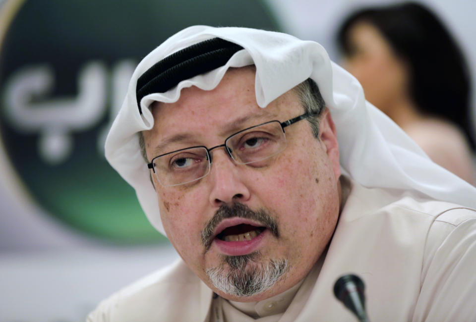 Saudi journalist Jamal Khashoggi speaks during a 2014 press conference in Manama, Bahrain. (Photo: Hasan Jamali/AP)