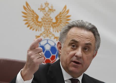 Russian Deputy Prime Minister Vitaly Mutko gestures during a news conference after the Russian Football Union's executive committee meeting in Moscow, Russia December 25, 2017. REUTERS/Sergei Karpukhin