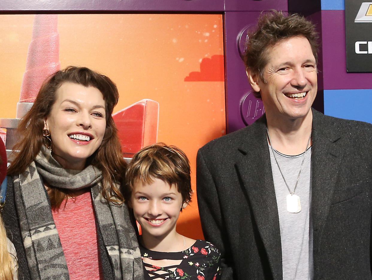 WESTWOOD, CALIFORNIA - FEBRUARY 02: Milla Jovovich and Wes Anderson with their daughter, Ever Gabo Anderson attend the Los Angeles premiere of Warner Bros. Pictures' 