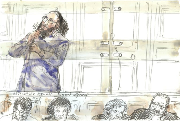 A court sketch made on October 13, 2017 in a Paris courthouse shows Abdelkader Merah gesturing during his trial for complicity in the series of shootings committed by his brother Mohamed in Toulouse and Montauban in 2012