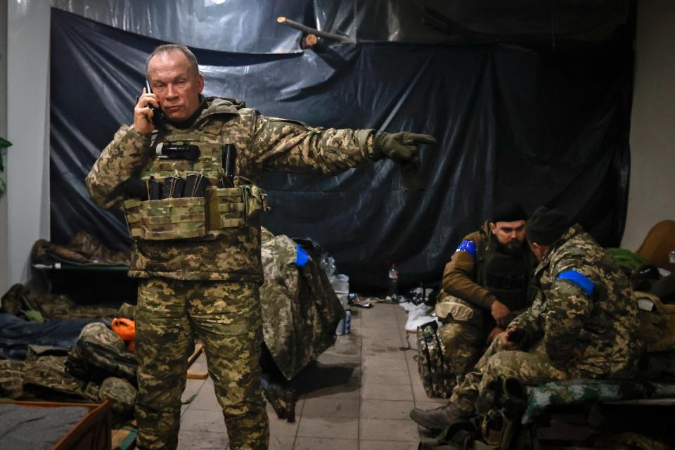 Commander of the Ukrainian army, Col. Gen. Oleksandr Syrskyi, gives instructions in a shelter in Soledar, the site of heavy battles with the Russian forces (AP)