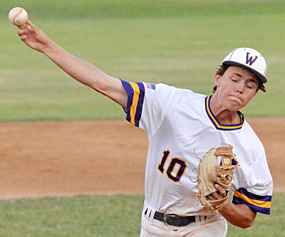 Watertown Post 17 pitcher Jack Heesch throws to the plate during Thursday's American Legion Baseball doubleheader against Brandon Valley at Watertown Stadium. Brandon Valley swept the twinbill, winning 13-9 in eight innings and 10-1.