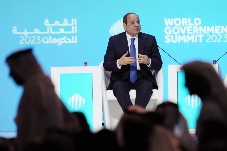 Egyptian President Abdel Fattah el-Sissi talks during the World Government Summit opening day in Dubai, United Arab Emirates, Monday, Feb 13, 2023. El-Sissi offered effusive praise Monday for the United Arab Emirates, seeking to repair a rift between Cairo and the Gulf Arab states that have supplied billions of dollars in aid to his nation. (AP Photo/Kamran Jebreili)