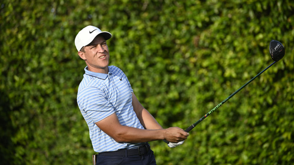 Cameron Champ watches his tee shot on the ninth hole during the first round of the Arnold Palmer Invitational golf tournament, Thursday, March 5, 2020, in Orlando, Fla. (AP Photo/Phelan M. Ebenhack)