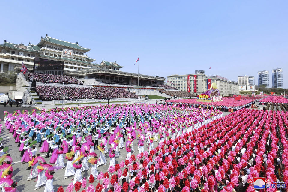 In this photo provided by the North Korean government, a parade is held to celebrate the 110th birth anniversary of its late founder Kim Il Sung, at the Kim Il Sung Square in Pyongyang, North Korea Friday, April 15, 2022. Independent journalists were not given access to cover the event depicted in this image distributed by the North Korean government. The content of this image is as provided and cannot be independently verified. Korean language watermark on image as provided by source reads: "KCNA" which is the abbreviation for Korean Central News Agency. (Korean Central News Agency/Korea News Service via AP)