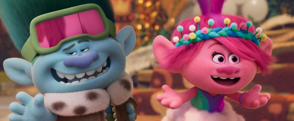 (from left) John Dory (Eric Andre) and Poppy (Anna Kendrick)  in Trolls Band Together, directed by Walt Dohrn.